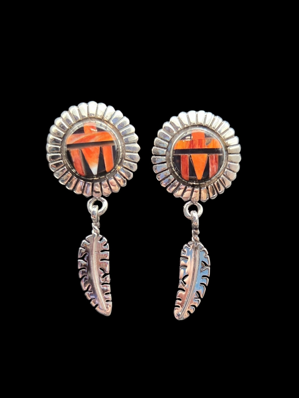 Sterling Silver Orange Spiny And Onyx Inlay Feather Drop Earrings